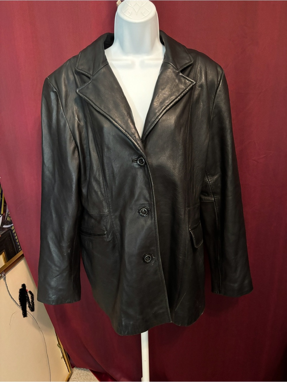 Men's Black Leather Single-Breasted Blazer Jacket